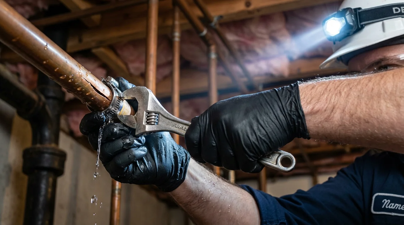 Emergency pipe clamp repair being performed by a Johns Plumbing LLC plumber in Saint Helena
